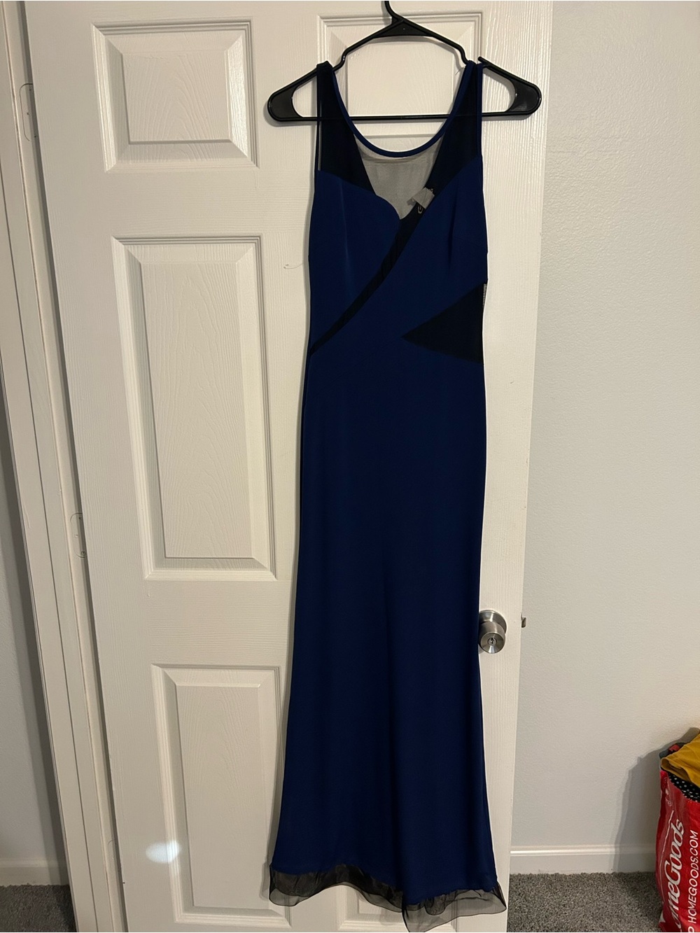 Elegant Navy Blue Evening Gown - Sleeveless Mesh Detail